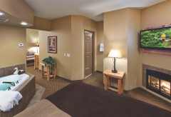 Whirlpool bath, king bed, fireplace, and mounted tv