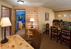 Dining area with microwave, sink and coffee maker and a desk