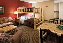 Bunk beds, a sofa, a chair, and a dining table