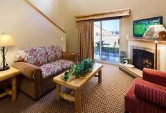 Sofa and chair with a fireplace and tv and a walk-out patio