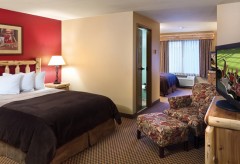 Queen bed, chair with footrest, and a dresser with a tv