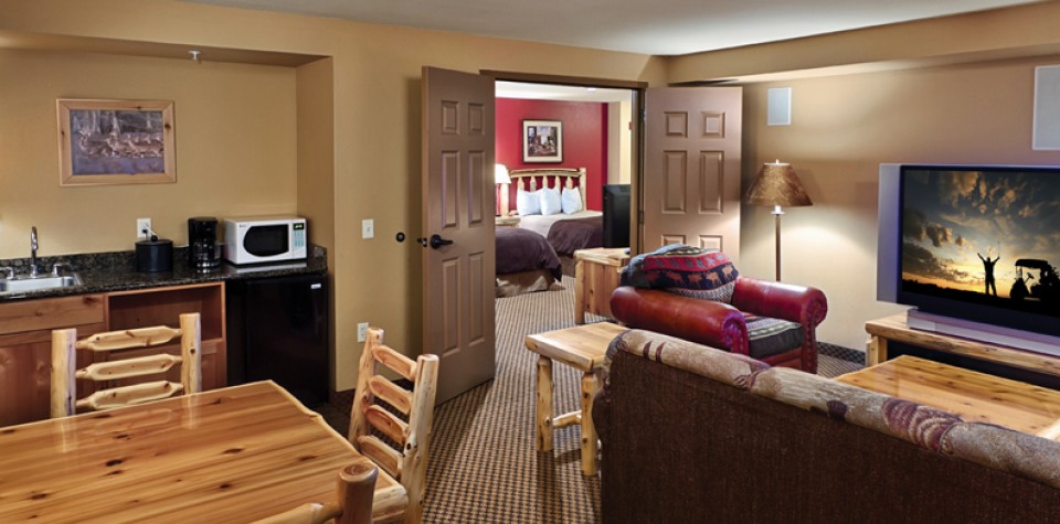 Dining/Kitchen with sink, mini fridge, and microwave and the living room with sofa, chair, and tv